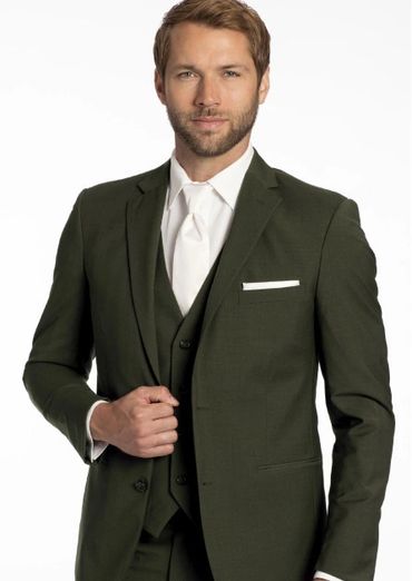 deep green 3 piece suit with white shirt, tie and white pocket square