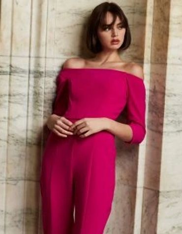 Special occasion magenta pantsuit, cold shoulder, 3 quarter sleeve