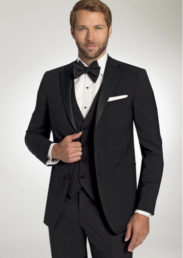 classic black tux with black bow tie, whicte shirt with black buttons