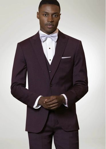 Burgundy 3 piece tux with white shirt lavender bow tie, black buttons