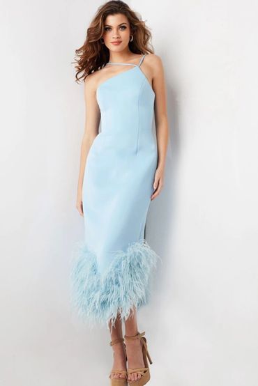 Special occasion sky blue mid calf bottom covered with feathers and interesting thin straps