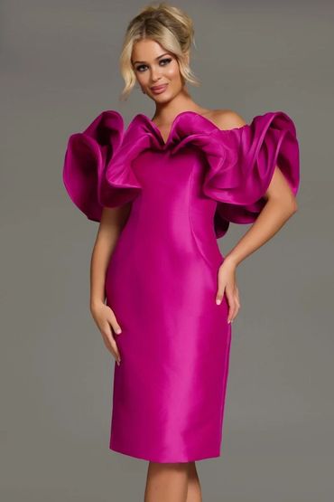 Special occasion fuchsia satin off the shoulder knee length dress with dramatic ruffle flounce top