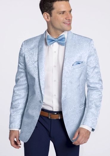 Sky blue sharkskin dinner jacket with matching blue satin bow tie and pocket squae, nave trousers
