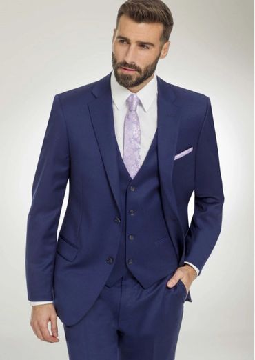 royal blue 3 piece suite with white shirt and lavender tie