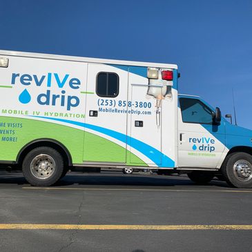 revive mobile ambulance with green and blue hydration logo.