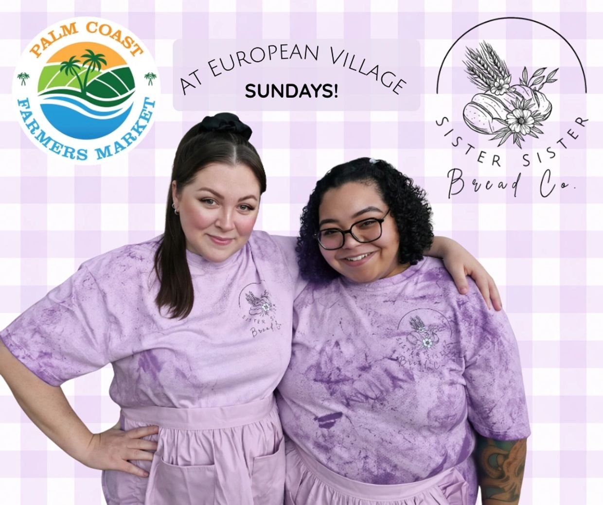 Two women in purple shirts promoting a farmers market event.