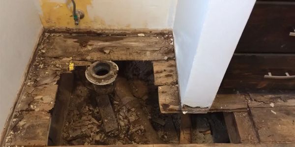 subfloor of a bathroom with dry rot