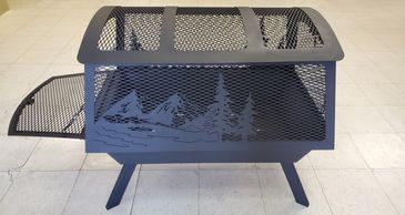 Rectangular metal fire pit by the Koi Lagoon