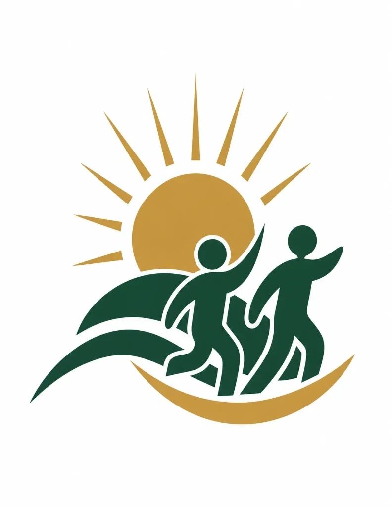 Two figures walking with sun and hills in background.
