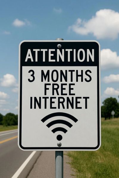 Sign offering three months of free internet with Wi-Fi symbol on a roadside.