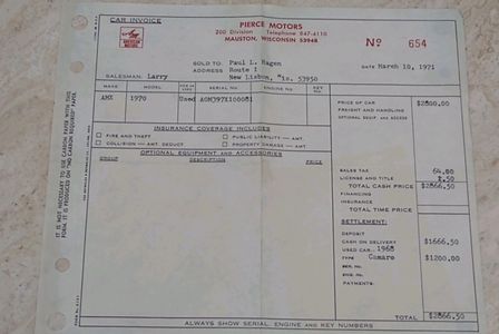 1970 AMX
VIN AOM397X100081
Dash Tag 17212
Paul Hagen