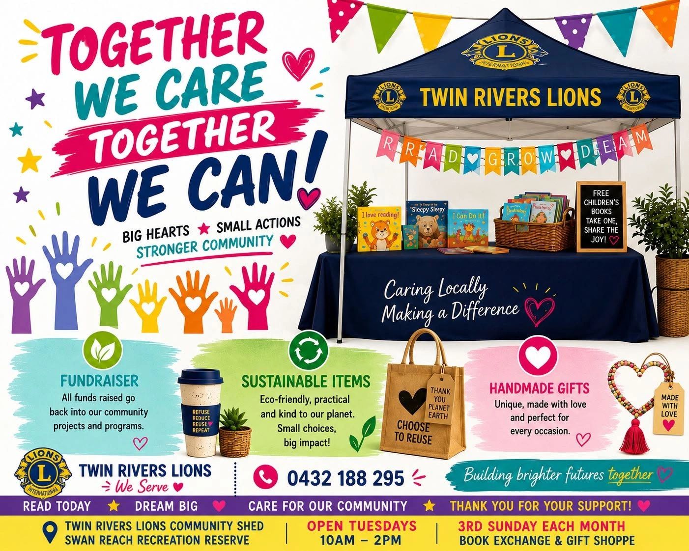 Community event promoting reading and sustainability.