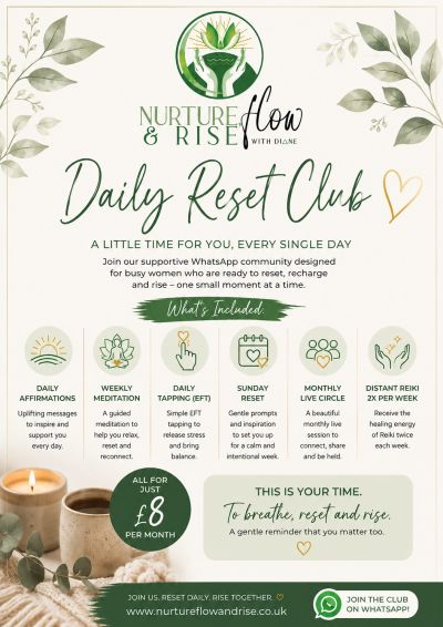 Daily Reset Club offers a supportive WhatsApp community for women to recharge and reset with affirmations, meditation, EFT tapping, and more.
