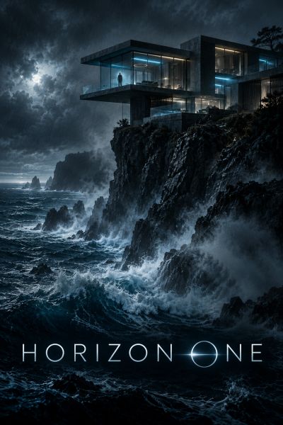 Futuristic house on cliff overlooking stormy ocean at night.