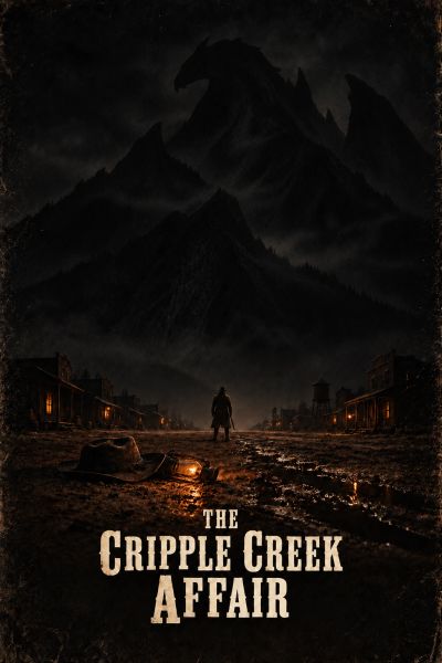 A lone figure stands in a dark Western town with a dragon-shaped mountain in the background.