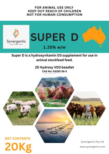 Animal supplement Super D with hydroxyvitamin D3 for livestock and aquaculture.