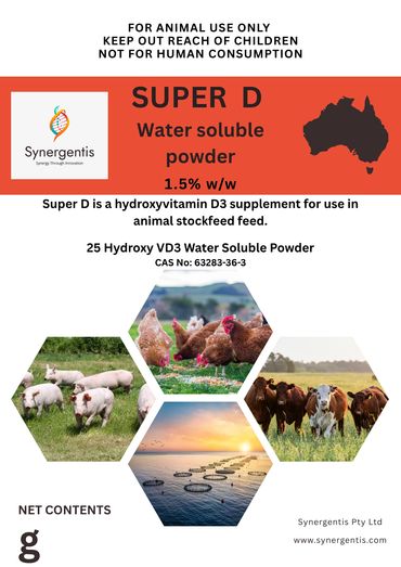 Label for Super D hydroxyvitamin D3 powder for animal feed.