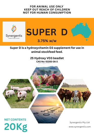 Super D hydroxyvitamin D3 supplement for animal stockfeed, 20Kg, not for human consumption.