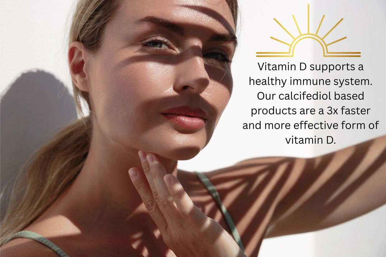 Woman enjoying sunlight with vitamin D health benefits text.