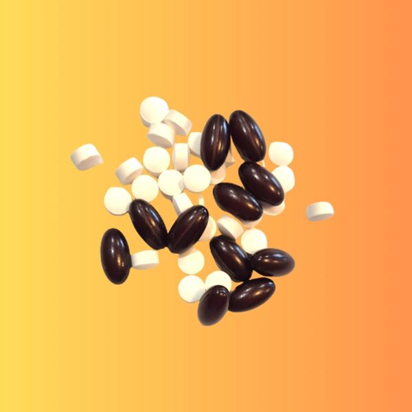 A mix of small white and large dark capsules on a yellow-orange gradient background.