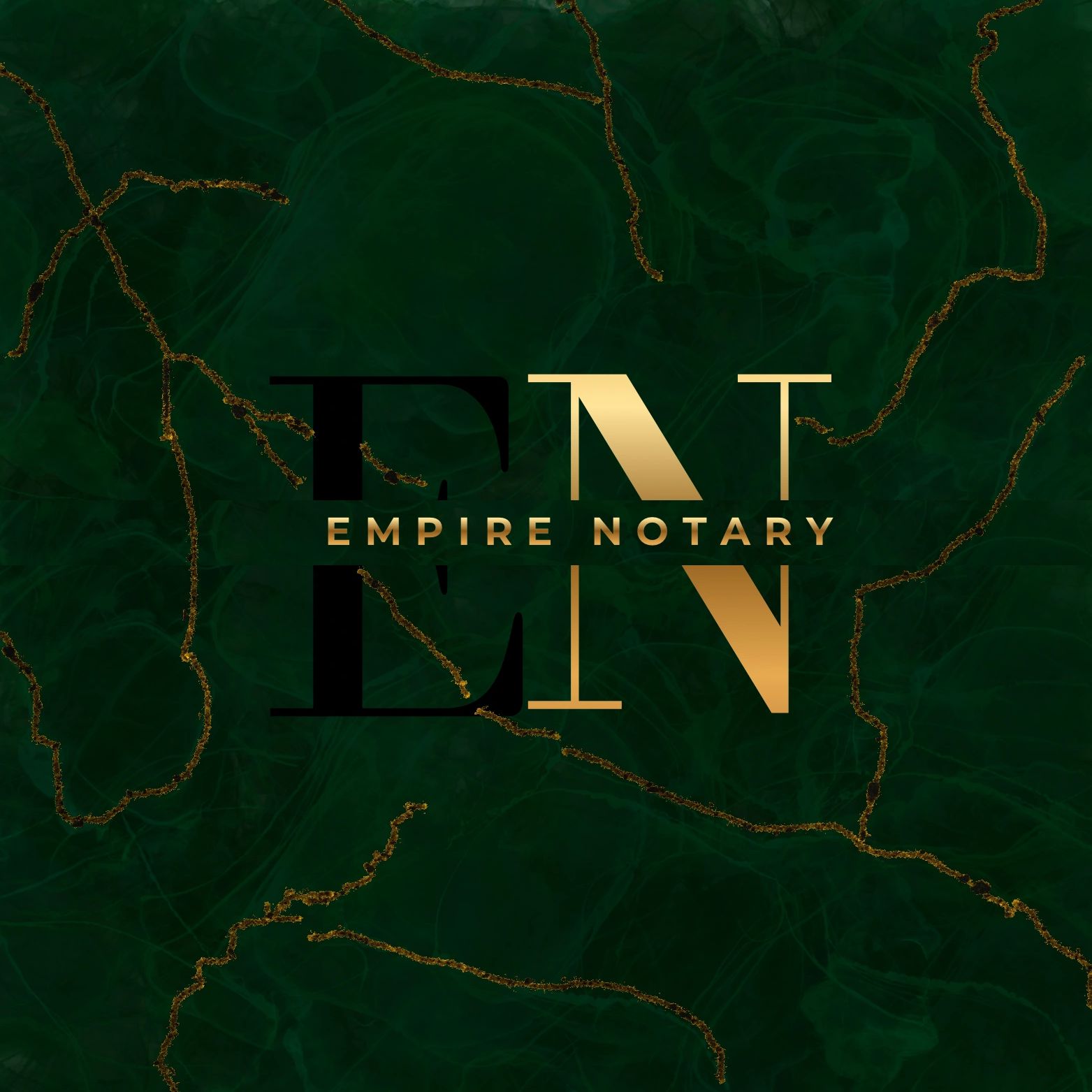 Luxurious green marble background with gold accents and bold "EMPIRE NOTARY" text.