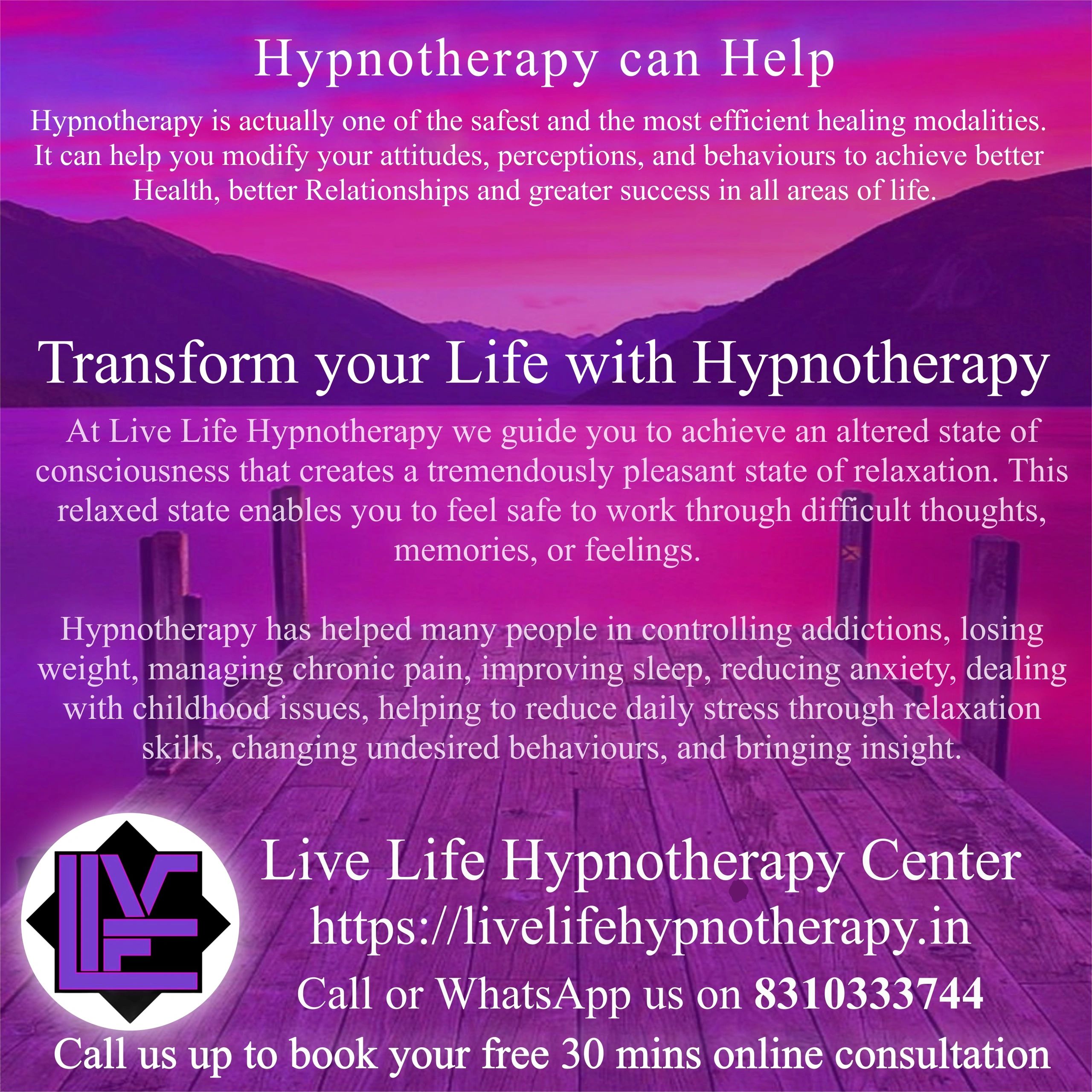 Informative poster promoting hypnotherapy for health, relationships, and success with contact details.
