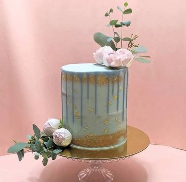 robin egg blue, and gold . Naked Cake With fresh pink roses