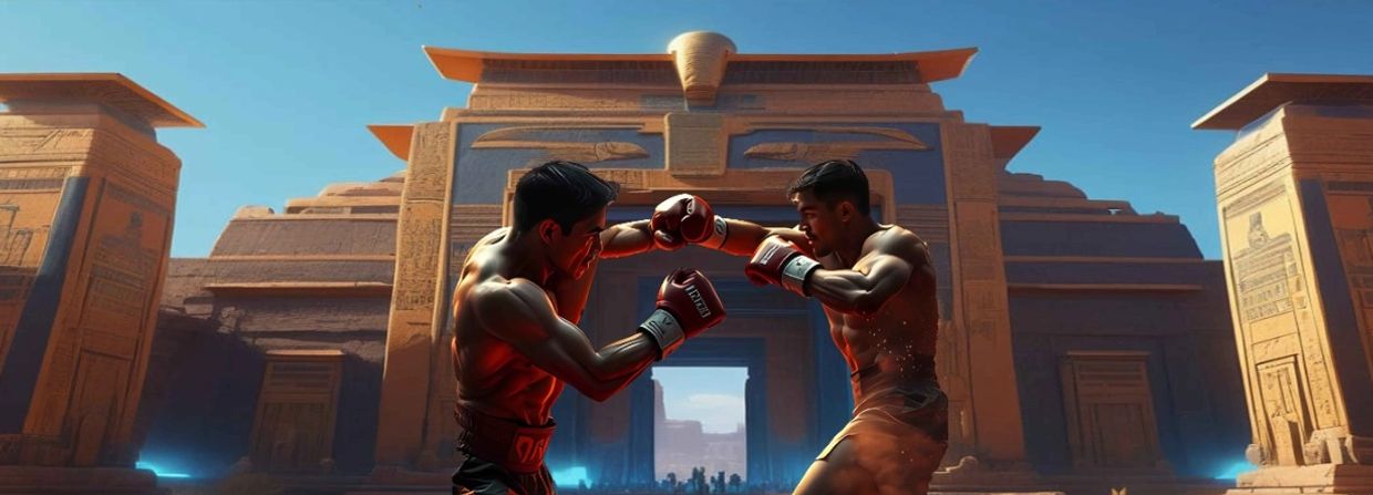 Two boxers fighting in front of an ancient Arabian temple under clear sky.