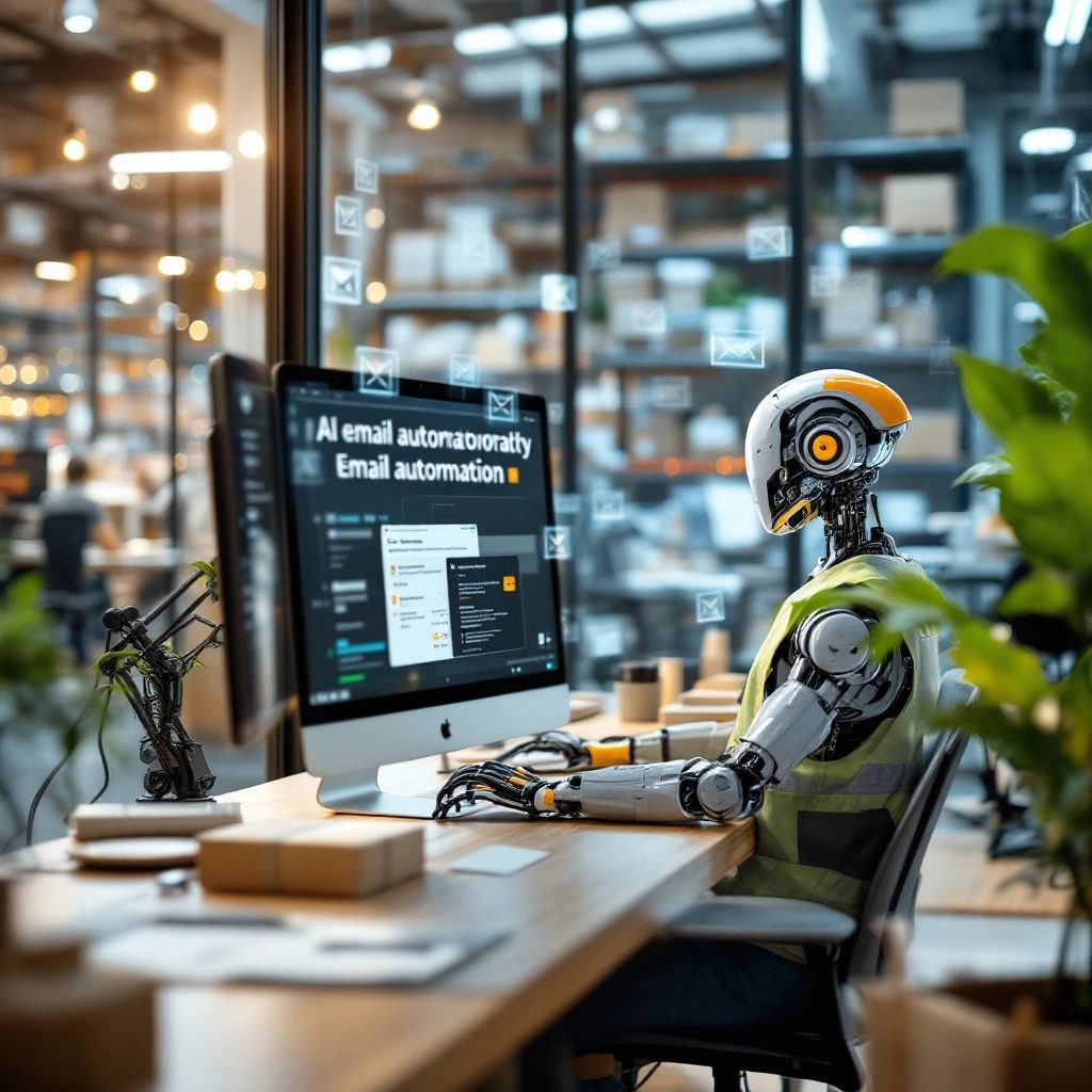 Robot working on AI email automation in modern office.