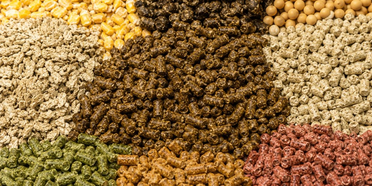 Various colorful animal feed pellets arranged in sections.