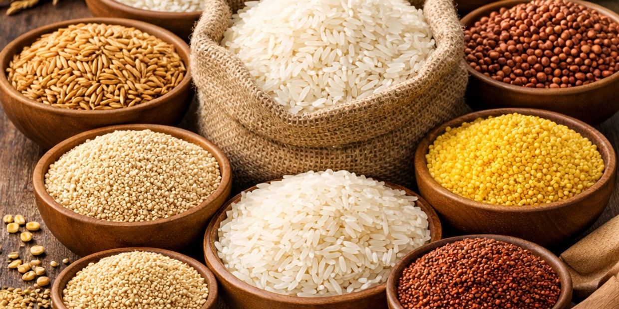 Various grains and rice displayed in wooden bowls and a sack.