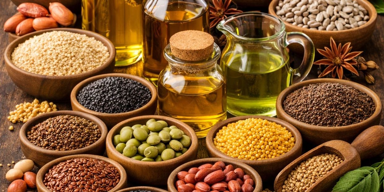 Assortment of seeds, nuts, and oils in wooden bowls and jars on a wooden surface.