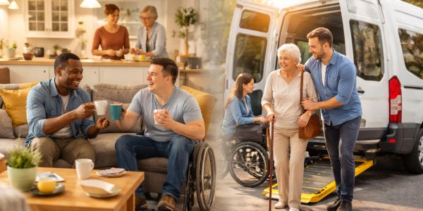 People enjoying social moments, including wheelchair users and elderly with assistance.