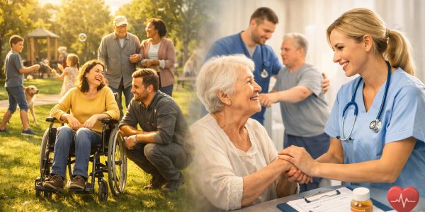Elderly care and joyful family moments outdoors and medical support indoors.