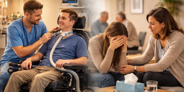 Caregiver supports a disabled man while a woman comforts another distressed woman.