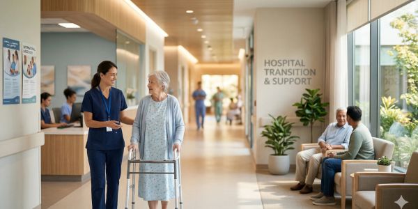 Nurse assisting elderly woman with walker in hospital corridor.