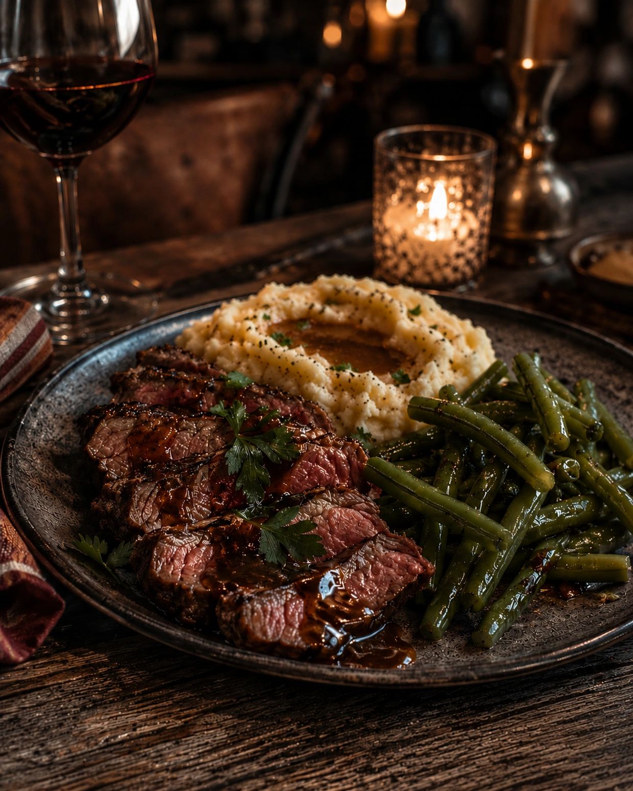 Steak with mashed potatoes, green beans, and red wine in a cozy setting.