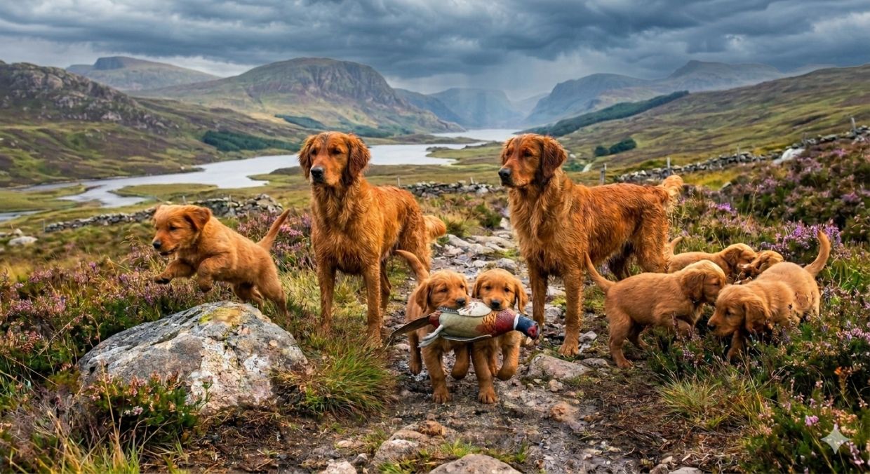 Golden retriever dogs and puppies in a scenic mountainous landscape.