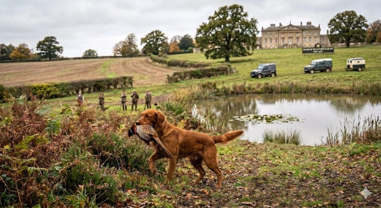 A hunting dog carries a pheasant in a countryside setting near a pond and mansion.