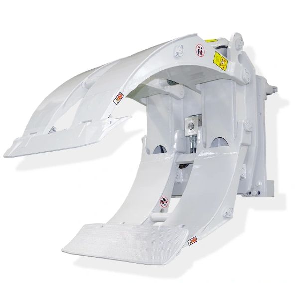 White mechanical grabber attachment for heavy machinery.
