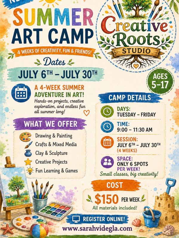 Summer Art Camp for ages 5-17 at Creative Roots Studio from July 6-30.