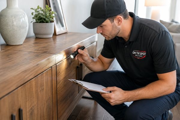 Delivery worker inspecting a wooden cabinet with a flashlight and clipboard.