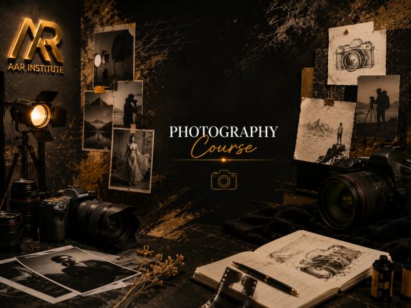 Vintage-themed photography course setup with cameras, sketches, and prints.