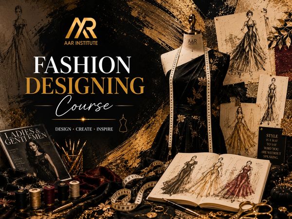 Elegant fashion designing course setup with sketches, fabrics, and sewing tools.