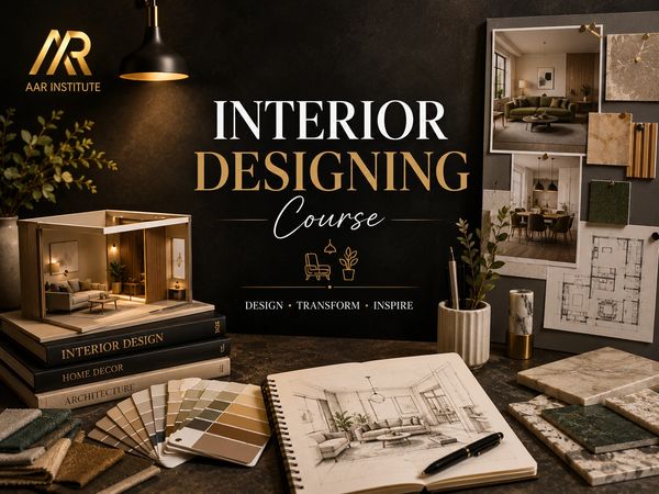 Elegant workspace showcasing interior design tools and course promotion.
