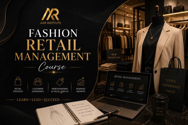 Fashion Retail Management course promotion with stylish store setup and learning materials.
