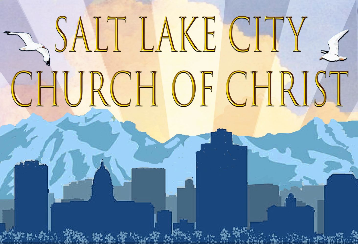 Salt Lake City Church of Christ logo with cityscape and mountains.