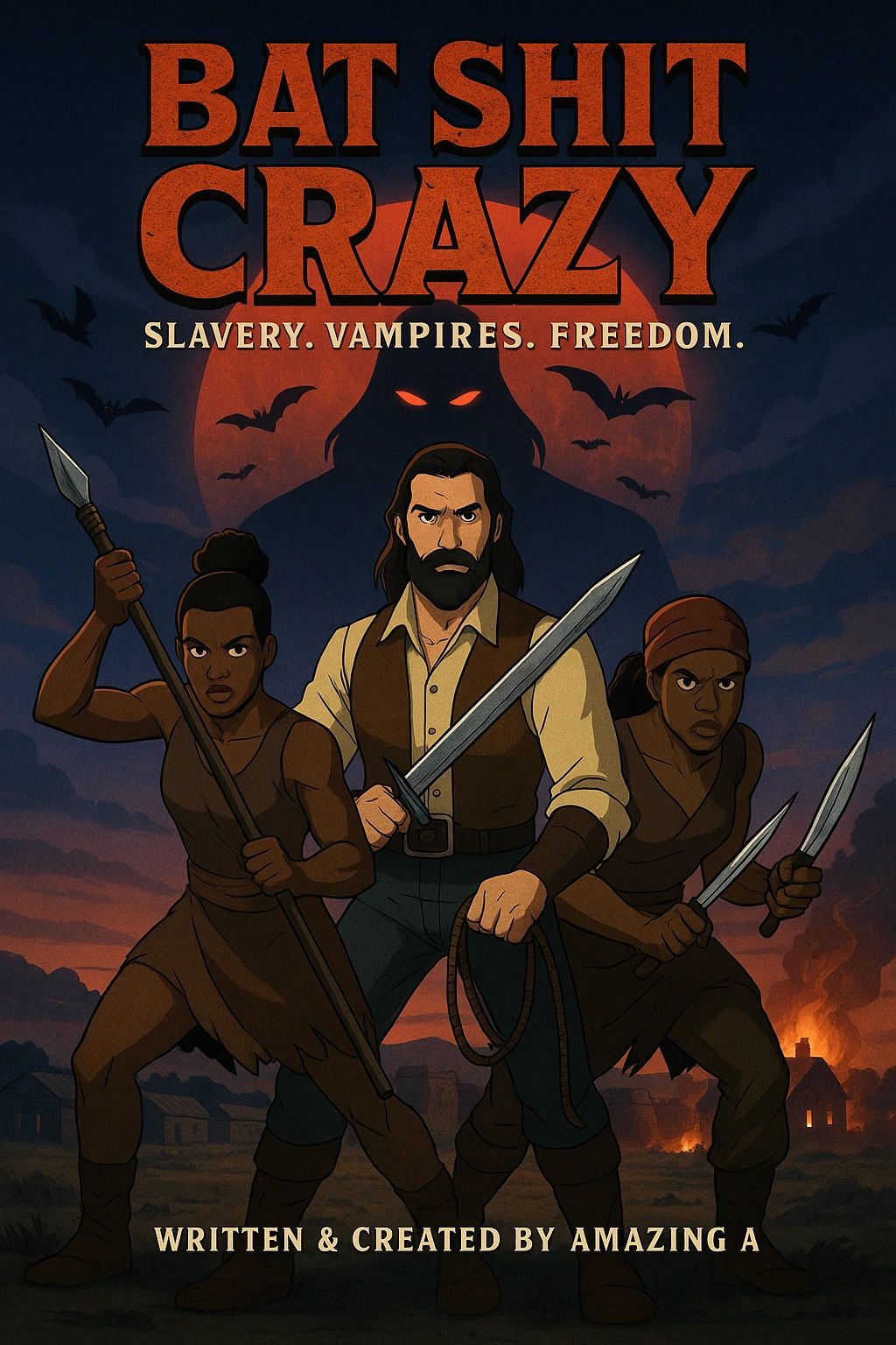 1865. Two descendants of the Dahomey warriors say, “Union Army? Hard pass. We’re busy killing vampir
