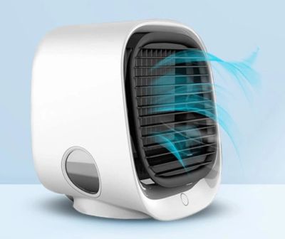 Compact white air cooler with blue airflow illustration.