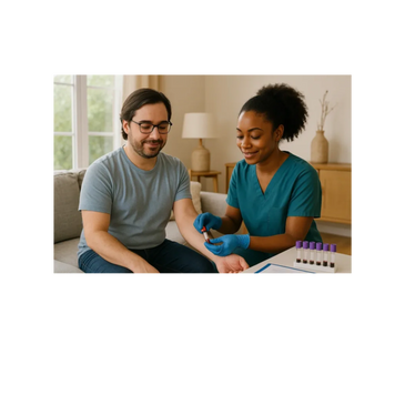 Nurse drawing blood from a smiling man for testing.